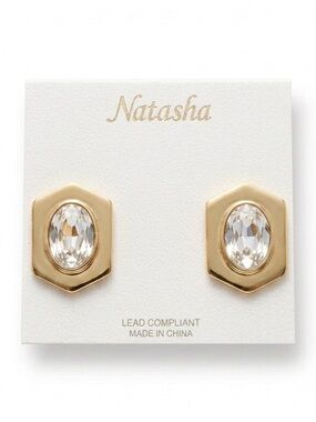 Natasha Couture Gold Tone Hexagon Stud Earrings with Clear Crystal